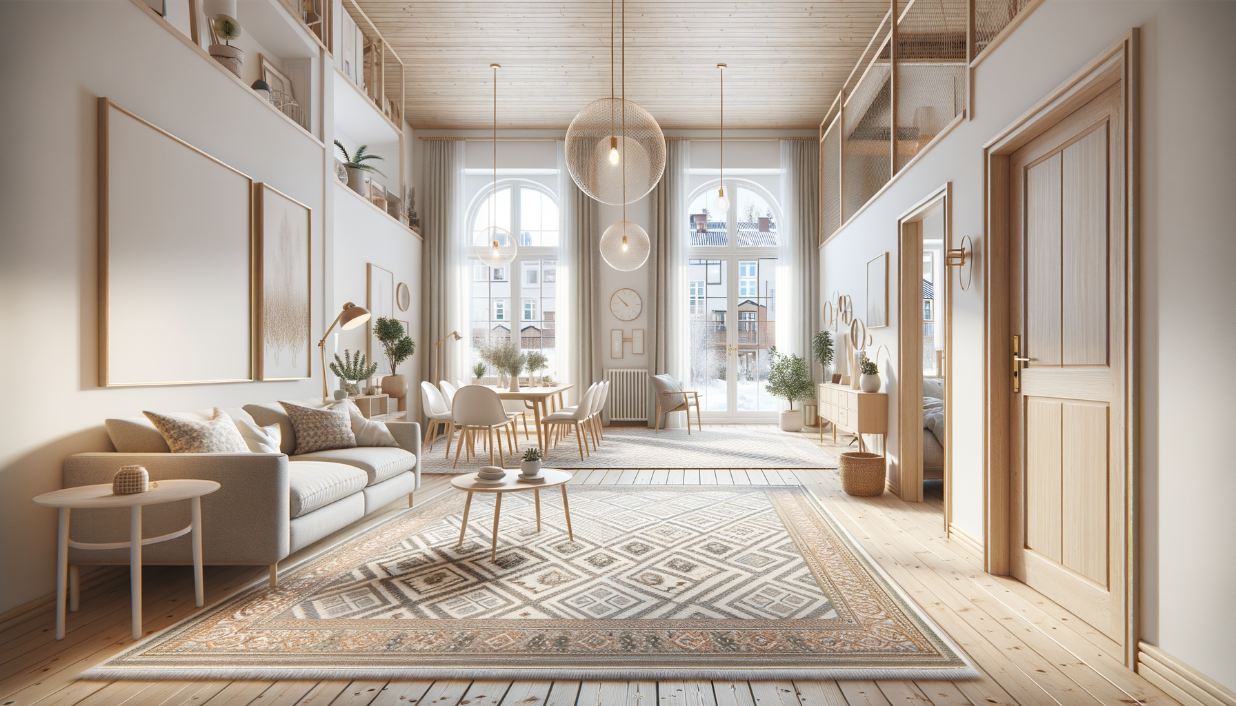 Olika rum med korrekt mattplacering – vardagsrum, matplats och hall med perfekt placerade mattor